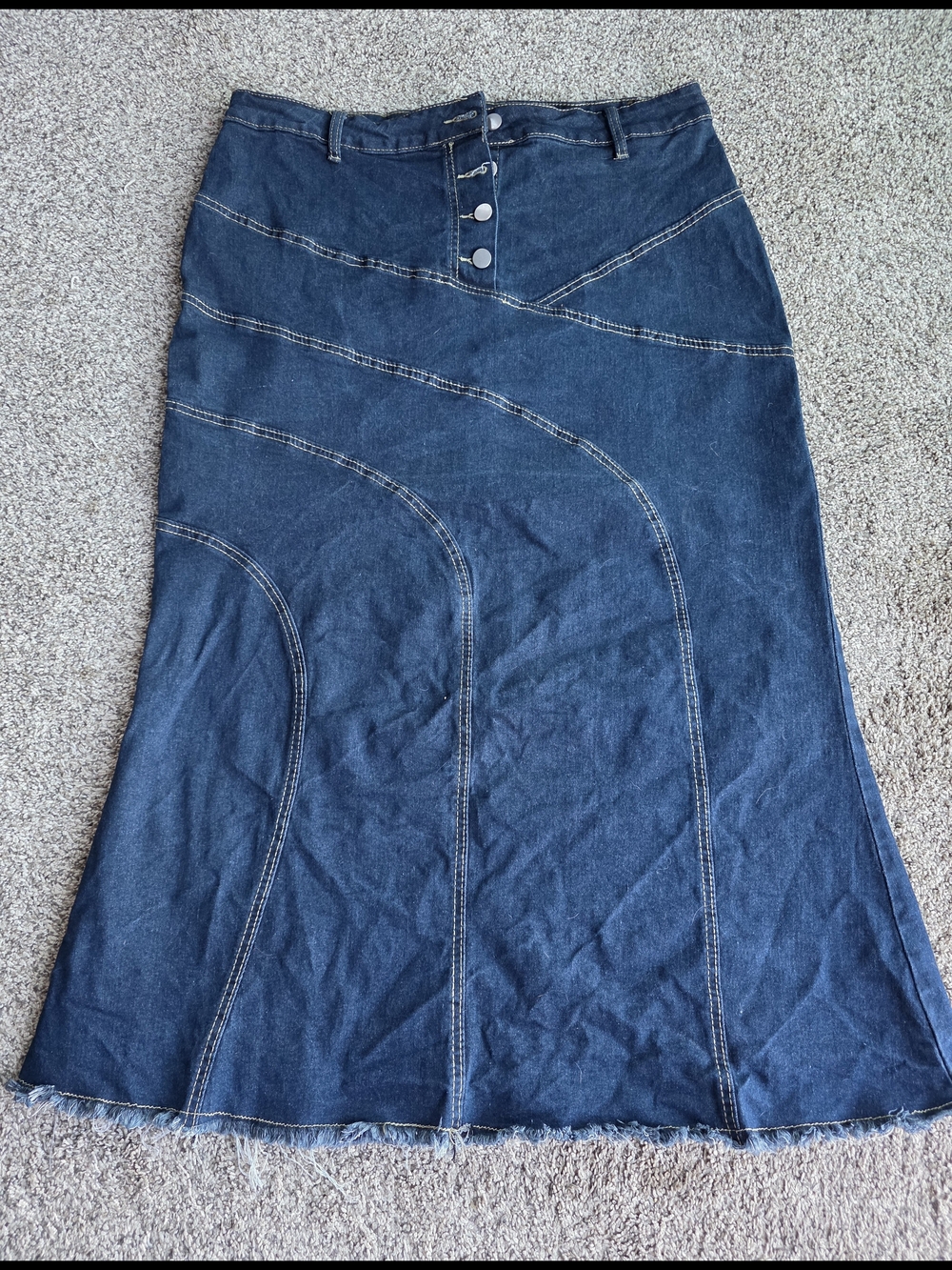 Dark Blue Denim Maxi Skirt with Curved Panel Detailing